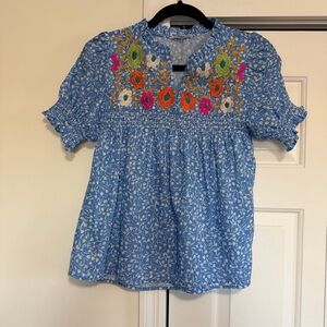 THML Blue Embroidered Ruffle Sleeved Blouse Size XS